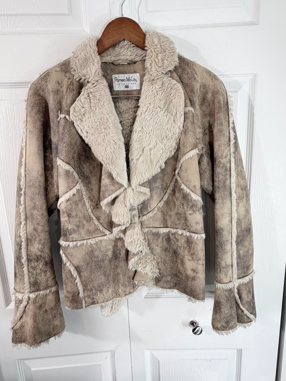 Pamela McCoy Faux Shearling Patchwork Jacket Taupe Brown Women’s Small Ski Apres